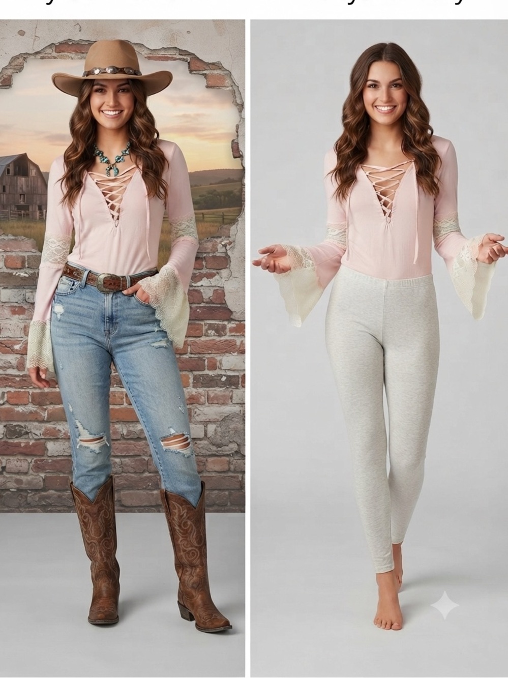 $70 NEW POL Lace-Up Bell Sleeve Bodysuit - Soft Pink - Size Small